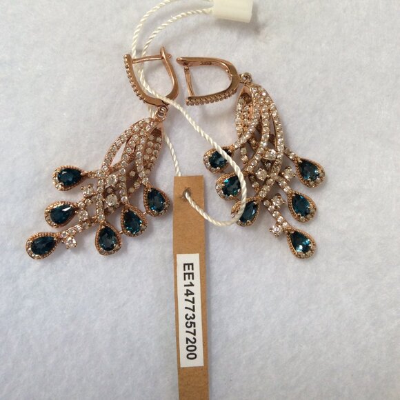 NWT 14K ROSE GOLD London Blue Topaz & CZ LARGE Earrings MSRP $750 - Picture 3 of 6